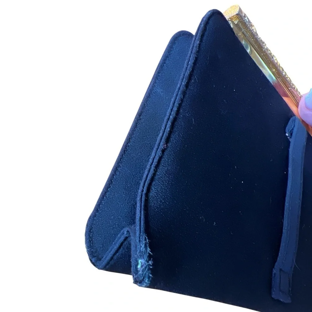 Vintage 1950s Jeweled Filigree Evening Clutch Navy Satin MCM Purse